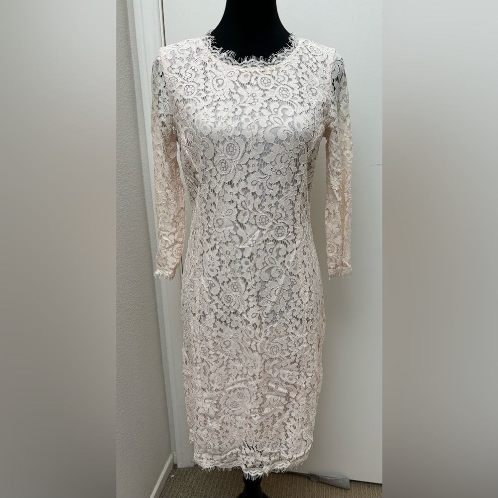 Forever‎ 21 pink white eyelash lace 3/4 sleeve dress sz M medium midi wedding